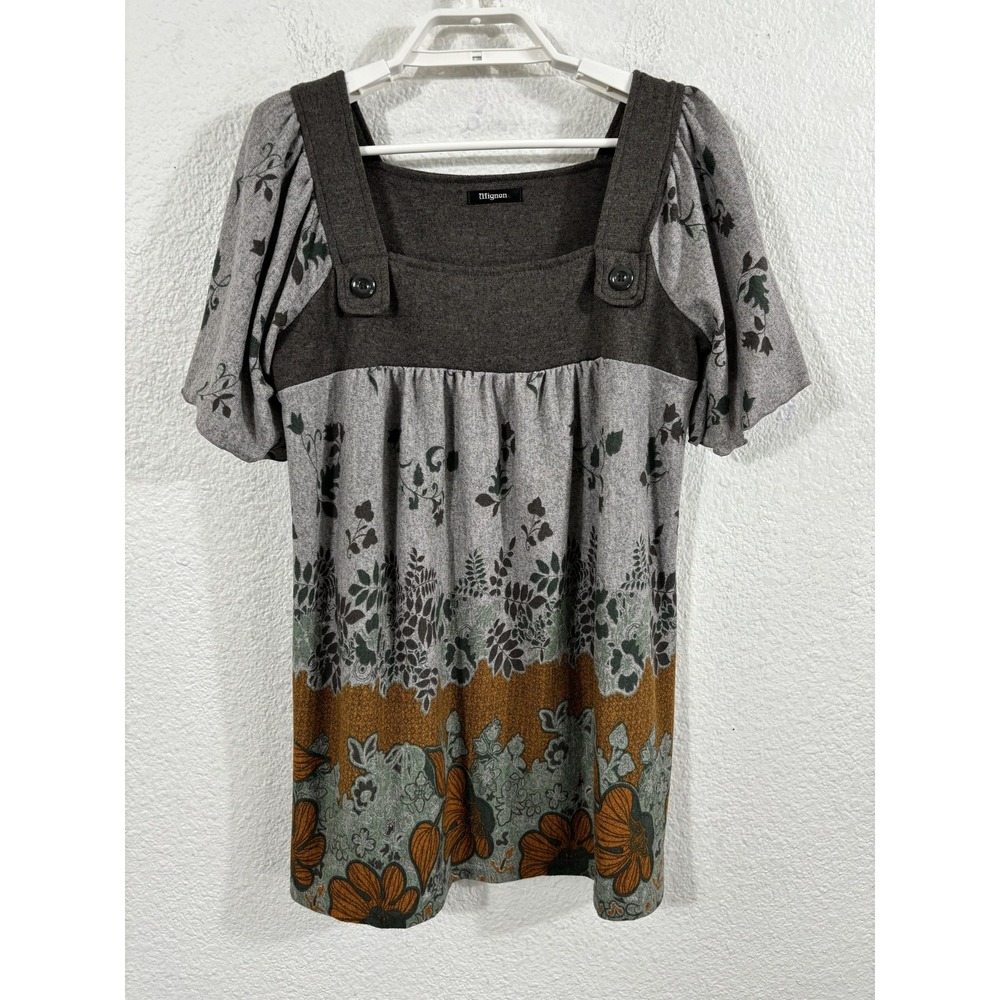Mignon Tunic Shirt Fits like‎ a Medium Gray Brown Floral Boho Empire Waist Top
